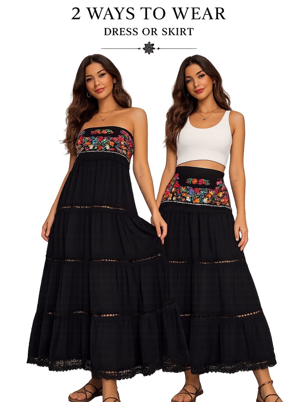 Vintage Mexican Embroidered Floral Convertible Maxi Skirt/Strapless Midl Dress